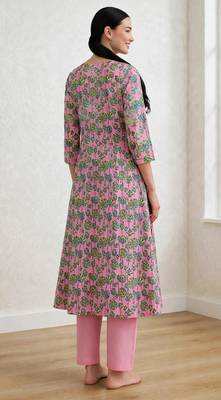 Pink lotus hand block printed with embrodered a line cotton suit with pajama 4