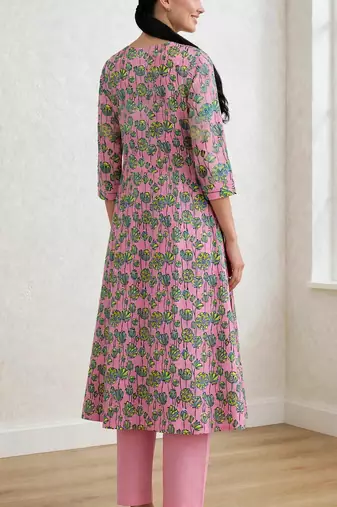 Pink lotus hand block printed with embrodered a line cotton suit with pajama