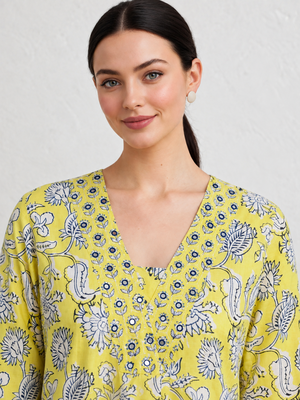 Lime green hand block printed with embroidered a line cotton suit with pajama 3