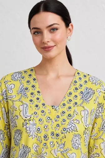 Lime green hand block printed with embroidered a line cotton suit with pajama