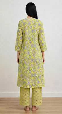 Lime green hand block printed with embroidered a line cotton suit with pajama 4
