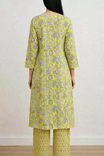 Lime green hand block printed with embroidered a line cotton suit with pajama