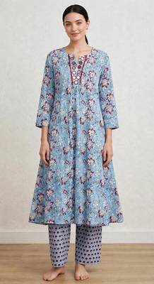 Aqua blue hand block printed with mirror worka line pure cotton suit with pajama 1