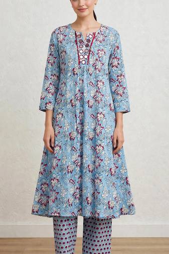 Aqua blue hand block printed with mirror worka line pure cotton suit with pajama