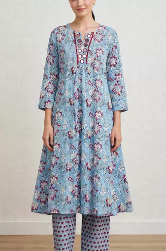 Aqua blue hand block printed with mirror worka line pure cotton suit with pajama