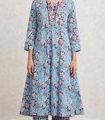 Aqua blue hand block printed with mirror worka line pure cotton suit with pajama
