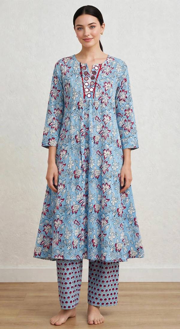 Aqua blue hand block printed with mirror worka line pure cotton suit with pajama