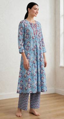 Aqua blue hand block printed with mirror worka line pure cotton suit with pajama 2