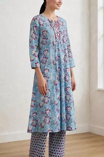 Aqua blue hand block printed with mirror worka line pure cotton suit with pajama