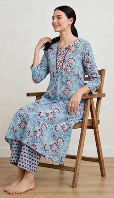 Aqua blue hand block printed with mirror worka line pure cotton suit with pajama 3