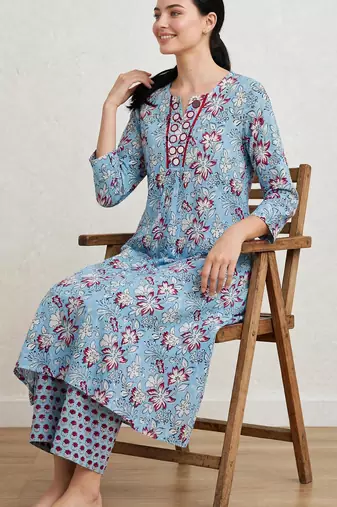 Aqua blue hand block printed with mirror worka line pure cotton suit with pajama