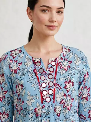 Aqua blue hand block printed with mirror worka line pure cotton suit with pajama 4