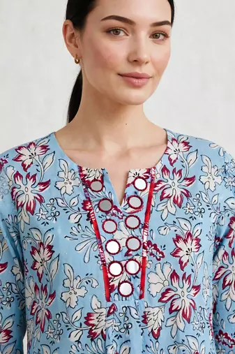 Aqua blue hand block printed with mirror worka line pure cotton suit with pajama