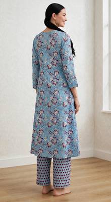 Aqua blue hand block printed with mirror worka line pure cotton suit with pajama 5