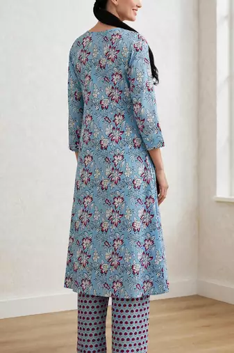 Aqua blue hand block printed with mirror worka line pure cotton suit with pajama