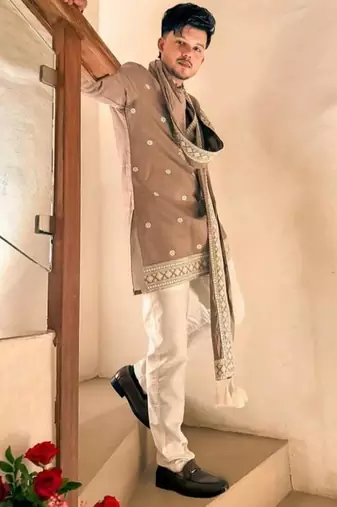 Men's beige silk blend embroidered – stylish festive ethnic wear