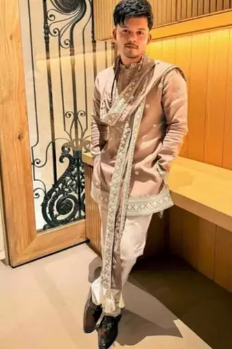 Men's beige silk blend embroidered – stylish festive ethnic wear