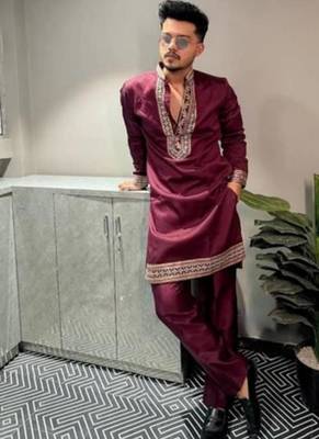 Men's maroon viscose rayon embroidered – stylish festive ethnic wear 1