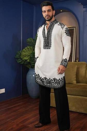 Men's white silk blend embroidered – stylish festive ethnic wear
