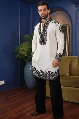 Men's white silk blend embroidered – stylish festive ethnic wear