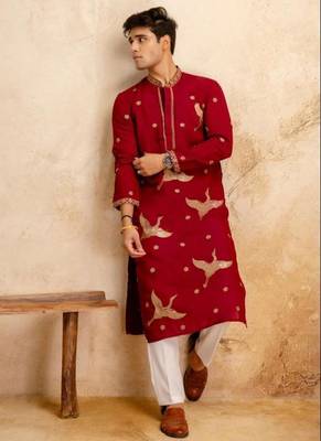 Men's red chanderi silk embroidered – stylish festive ethnic wear 1