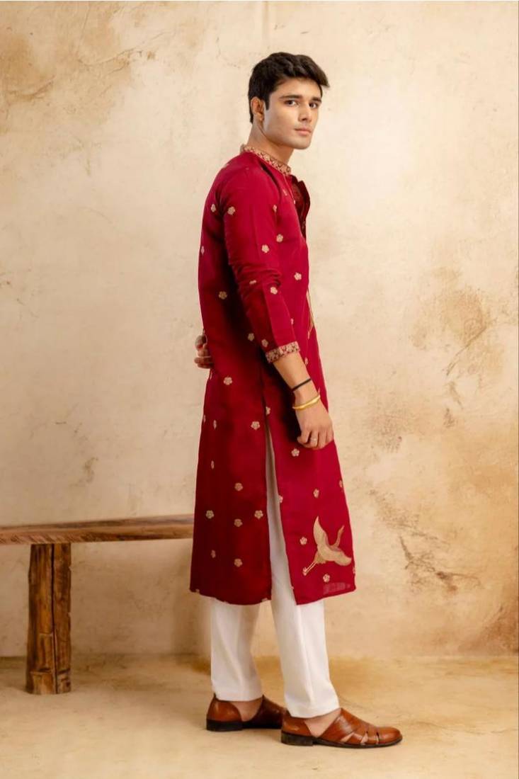 Men's red chanderi silk embroidered – stylish festive ethnic wear