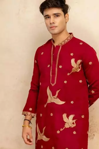 Men's red chanderi silk embroidered – stylish festive ethnic wear