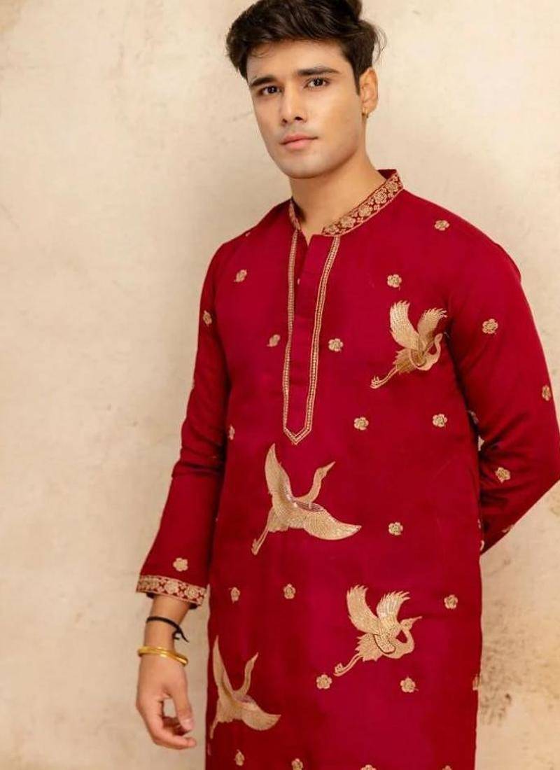 Men's red chanderi silk embroidered – stylish festive ethnic wear