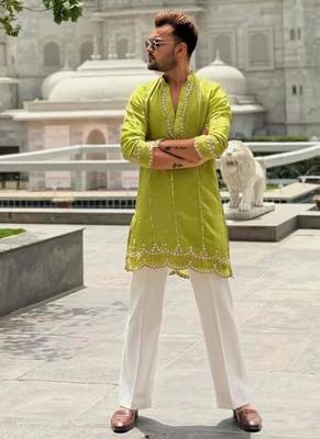 Men's yellow viscose rayon embroidered – stylish festive ethnic wear 1
