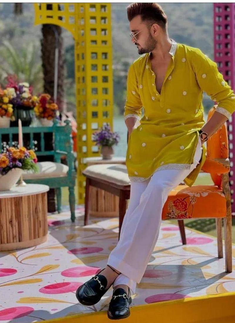 Men's yellow viscose rayon embroidered – stylish festive ethnic wear