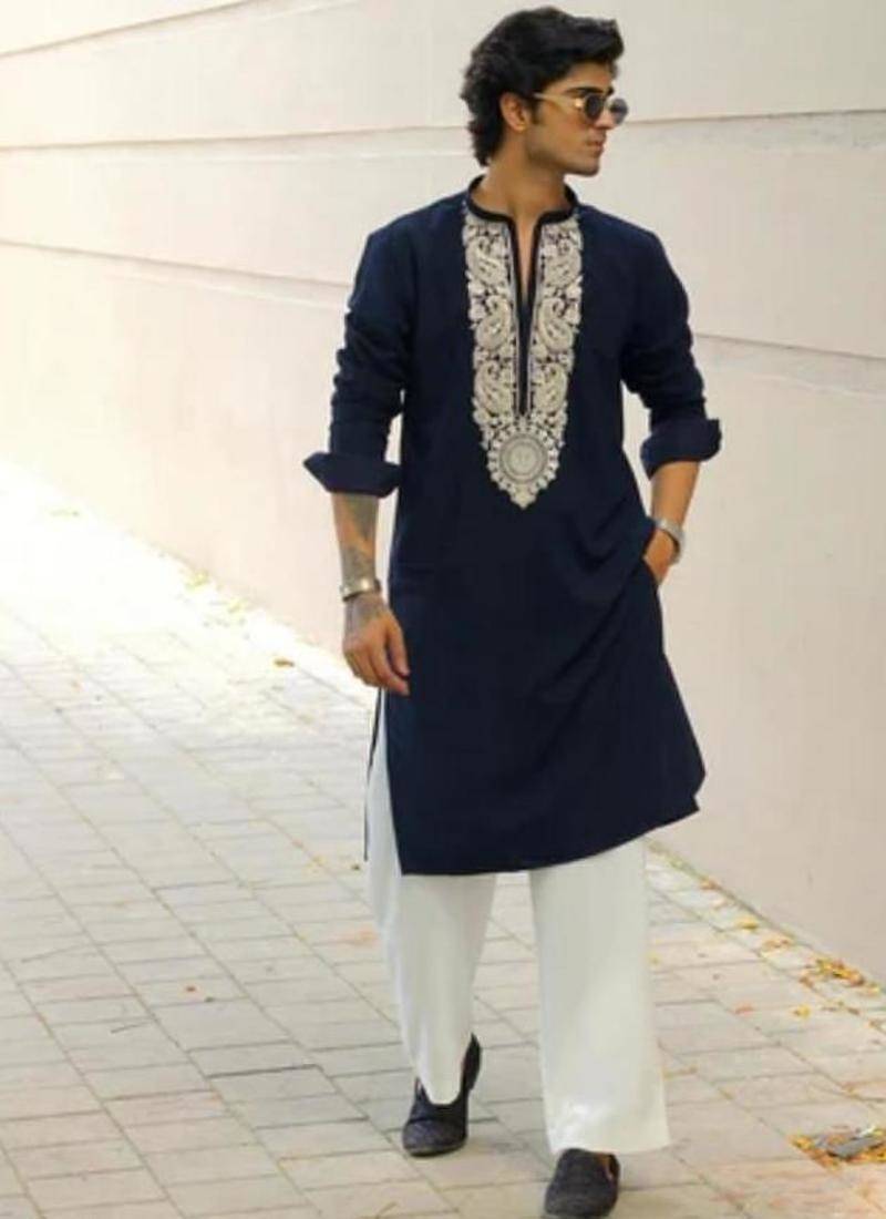 Men's blue viscose rayon embroidered – stylish festive ethnic wear