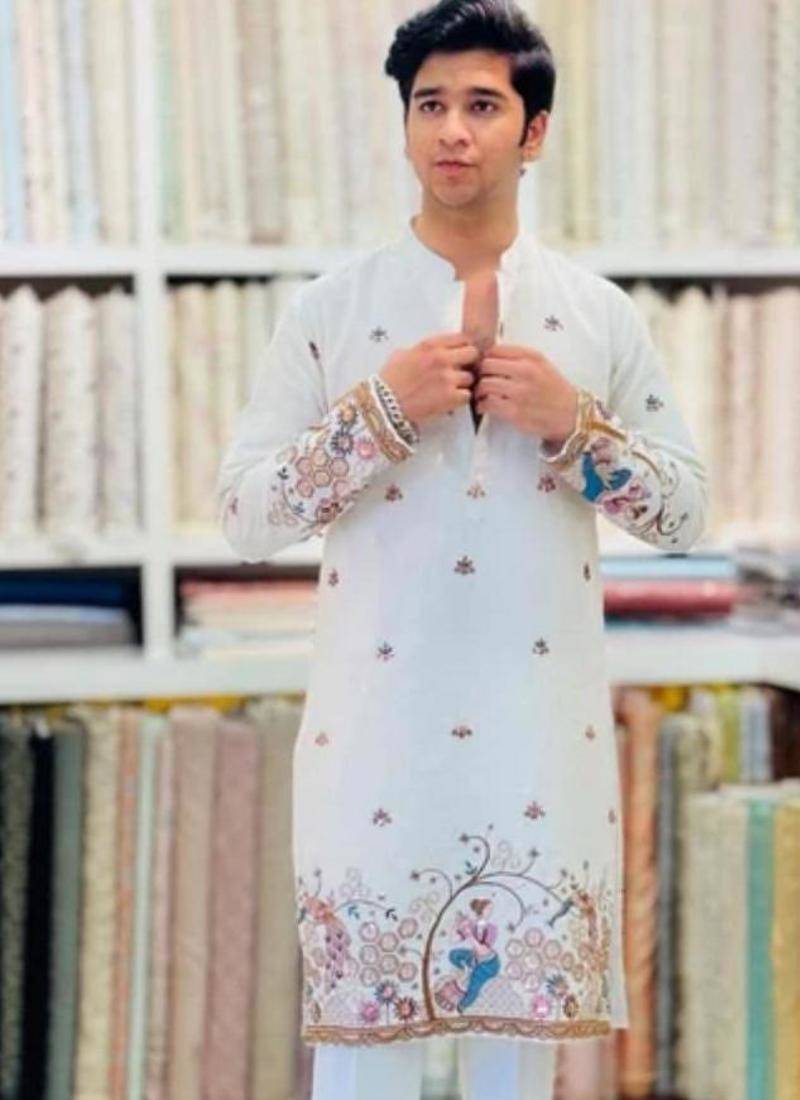 Men's white viscose rayon embroidered – stylish festive ethnic wear