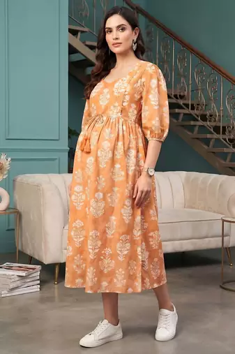 Multicolor cotton printed maternity dress for women