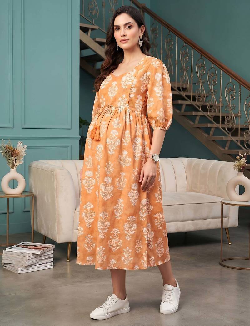 Multicolor cotton printed maternity dress for women