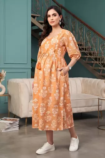 Multicolor cotton printed maternity dress for women