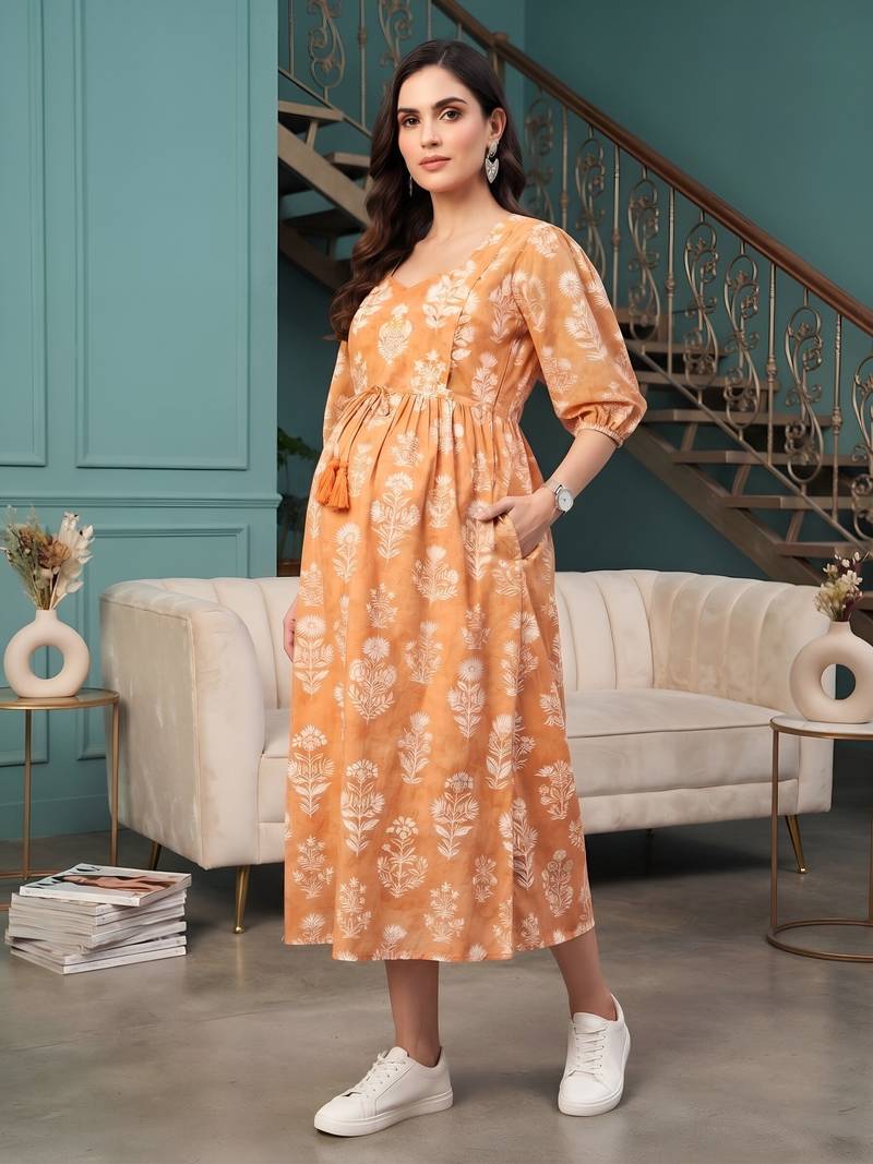 Multicolor cotton printed maternity dress for women