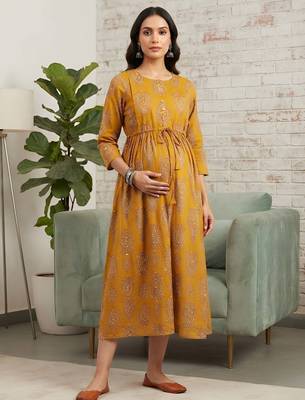 Mustard cotton printed maternity dress for women 1