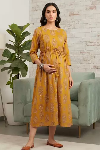 Mustard cotton printed maternity dress for women