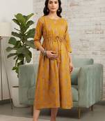 Mustard cotton printed maternity dress for women