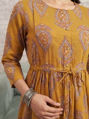 Mustard cotton printed maternity dress for women 2
