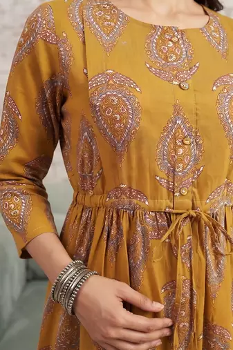 Mustard cotton printed maternity dress for women