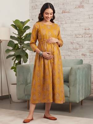 Mustard cotton printed maternity dress for women 3