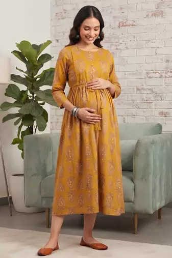 Mustard cotton printed maternity dress for women