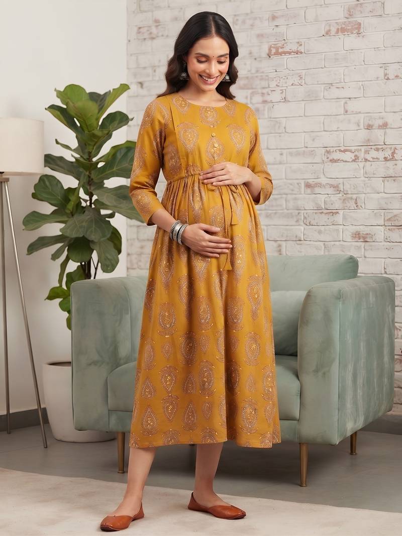 Mustard cotton printed maternity dress for women