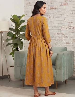 Mustard cotton printed maternity dress for women 4