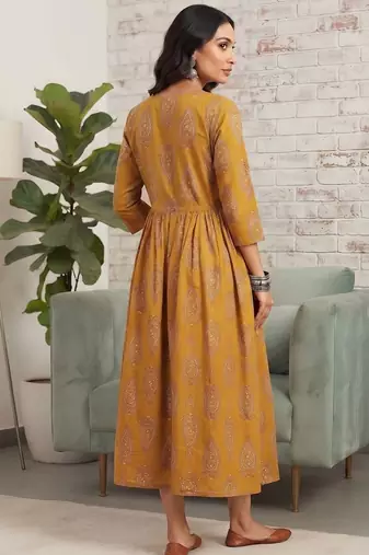 Mustard cotton printed maternity dress for women
