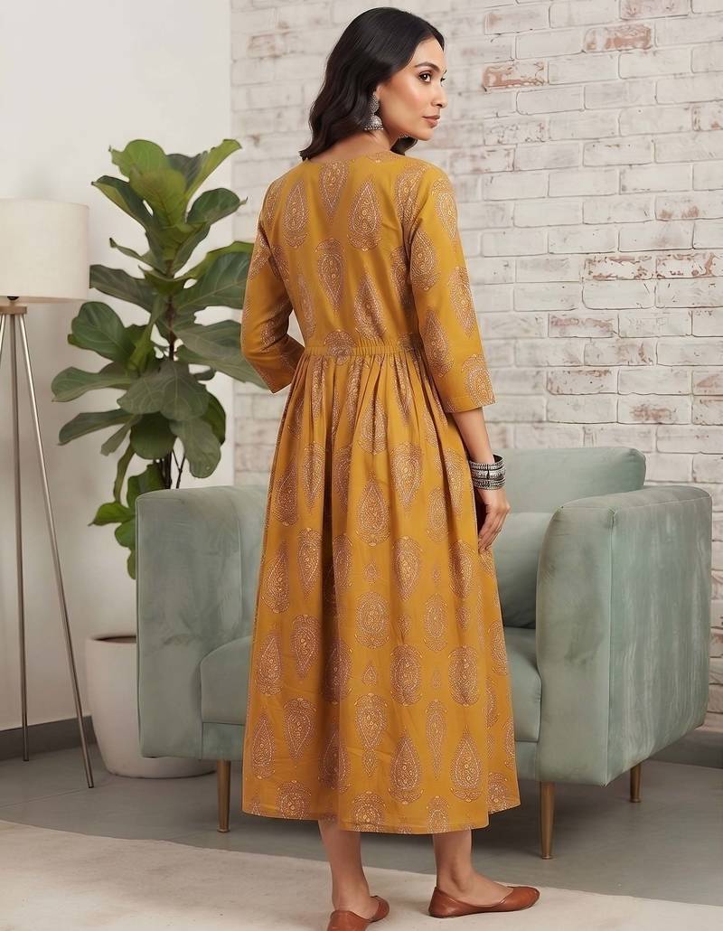 Mustard cotton printed maternity dress for women