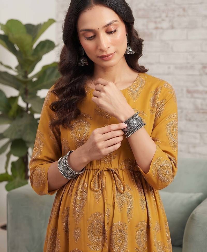 Mustard cotton printed maternity dress for women