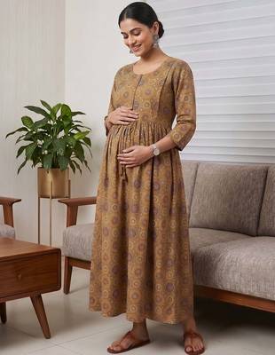 Mustard cotton printed maternity dress for women 1