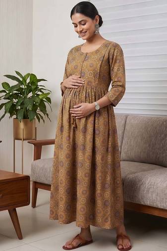 Mustard cotton printed maternity dress for women